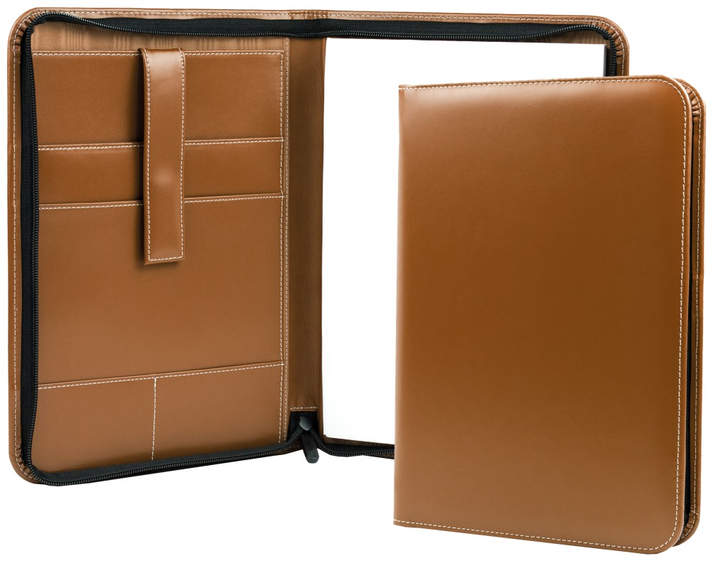 Reißverschluss Schreibmappe DIN A4, incl. Memoblock CAMBRIDGE Top Grain Rindleder hellbraun